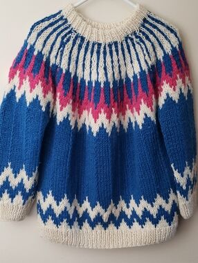 80's Vintage Wool Handmade Fair Isle Knit Sweater - Cream, Pink & Blue Pattern